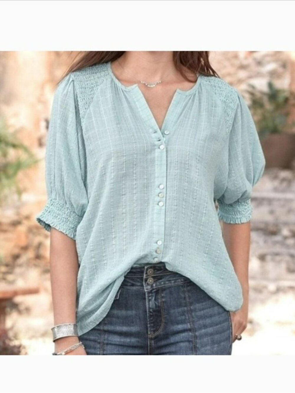 Sundance Larissa Short Balloon Smocked Sleeve‎ Blouse Pale Light Blue XS GUC